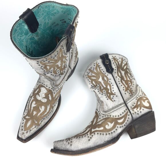 CORRAL Grey Fur Laser Studs Shortie Leather Boots Western Boho Cowgirl Rodeo 9.5 - Picture 2 of 12